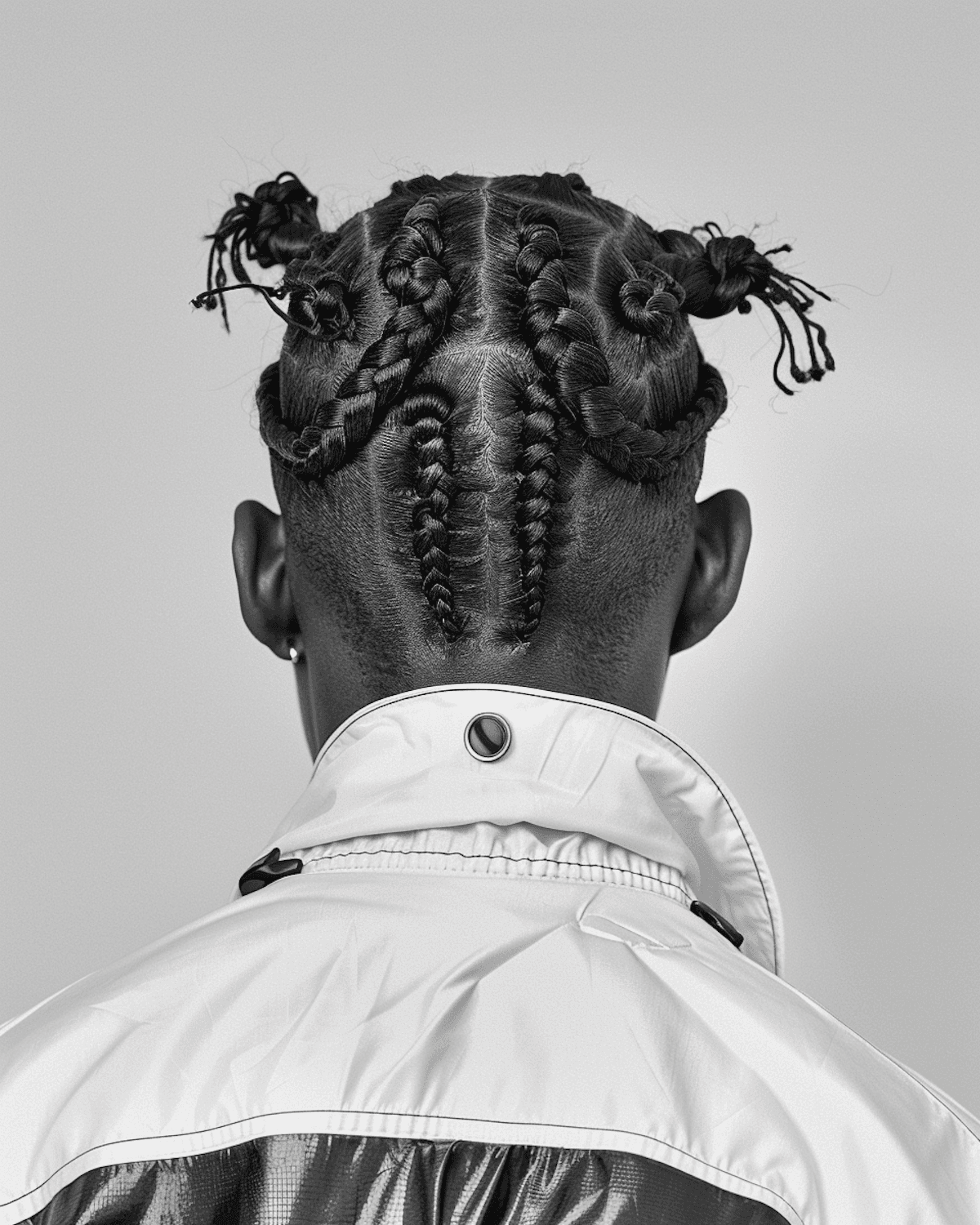 Detail of braided cornrow work photographed from behind, tapering into a cleanly cut neckline